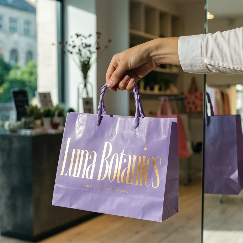 A custom printed paper bag carried in a boutique