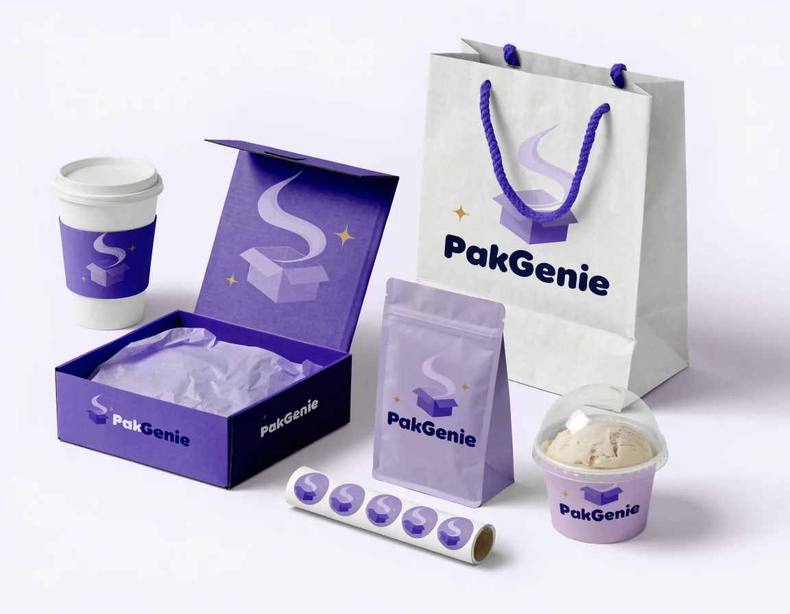 PakGenie branded cups, mailer box, shopping bag, pouch and stickers